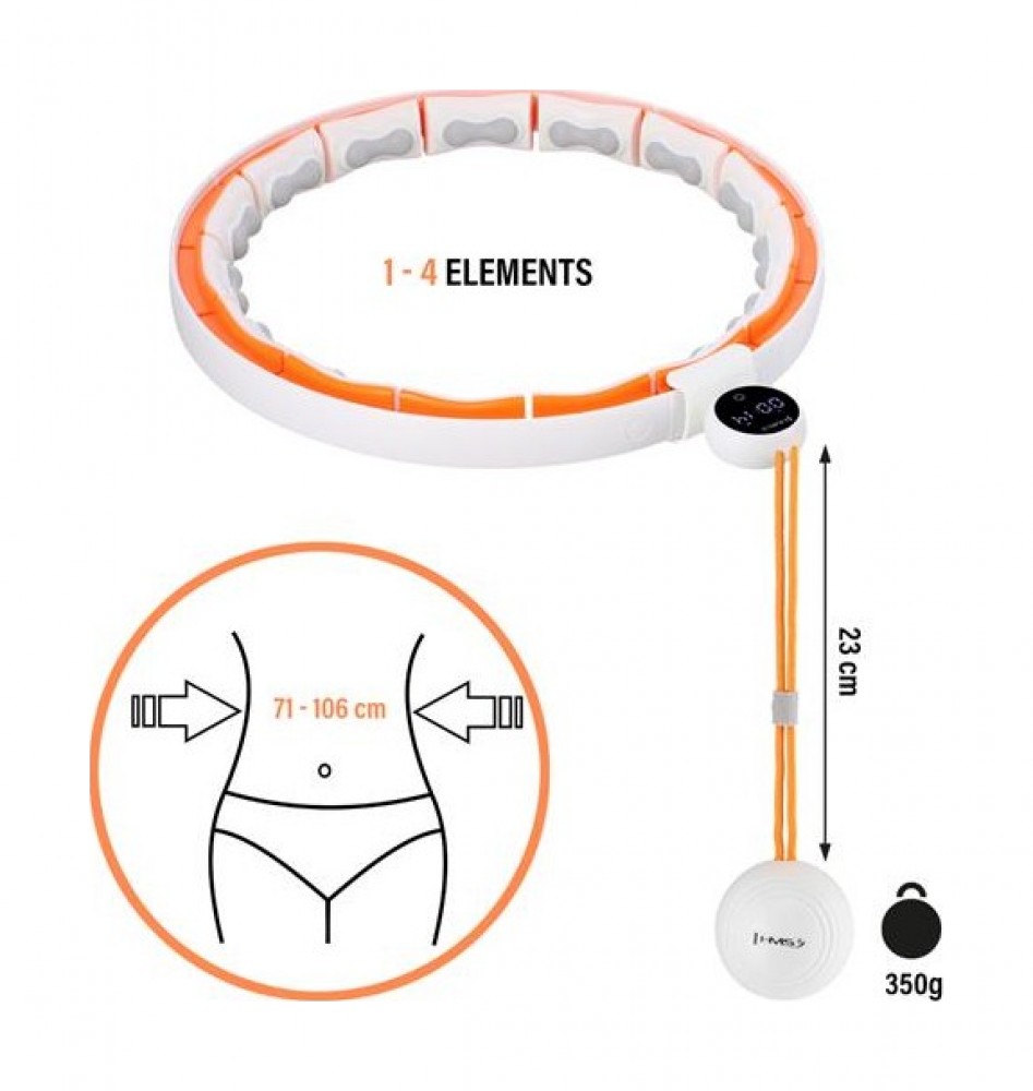 Masážní hula hoop HHM21 se závažím, magnety a počítadlem bílá/oranžová