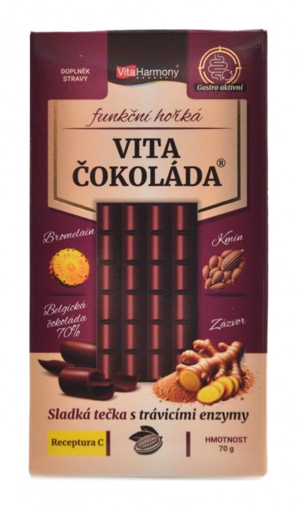 VitaČokoláda funkční hořká 70g receptura C - bromelain kmín zázvor