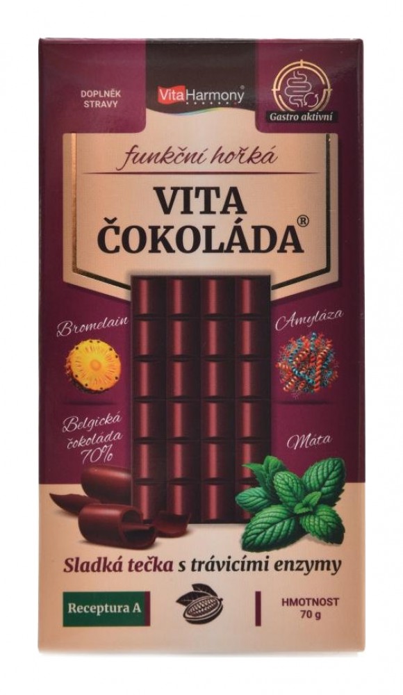 VitaČokoláda funkční hořká 70g receptura A - bromelain amyláza máta