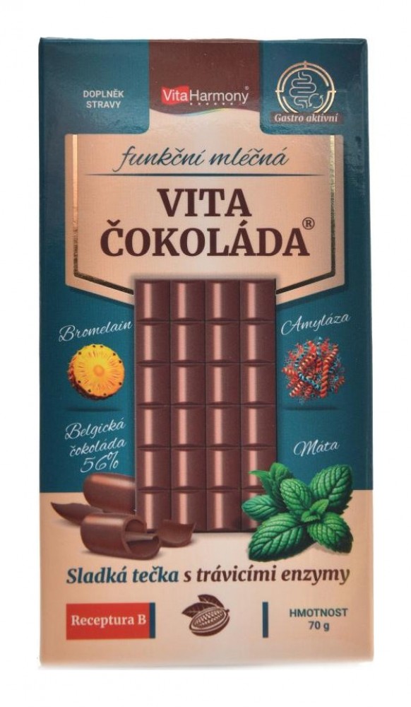 VitaČokoláda funkční mléčná 70g receptura B - bromelain amyláza máta